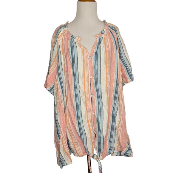 NEW Lane Bryant Linen Blend Blouse Striped Tie Front Summer Women Plus 28 - Picture 1 of 16